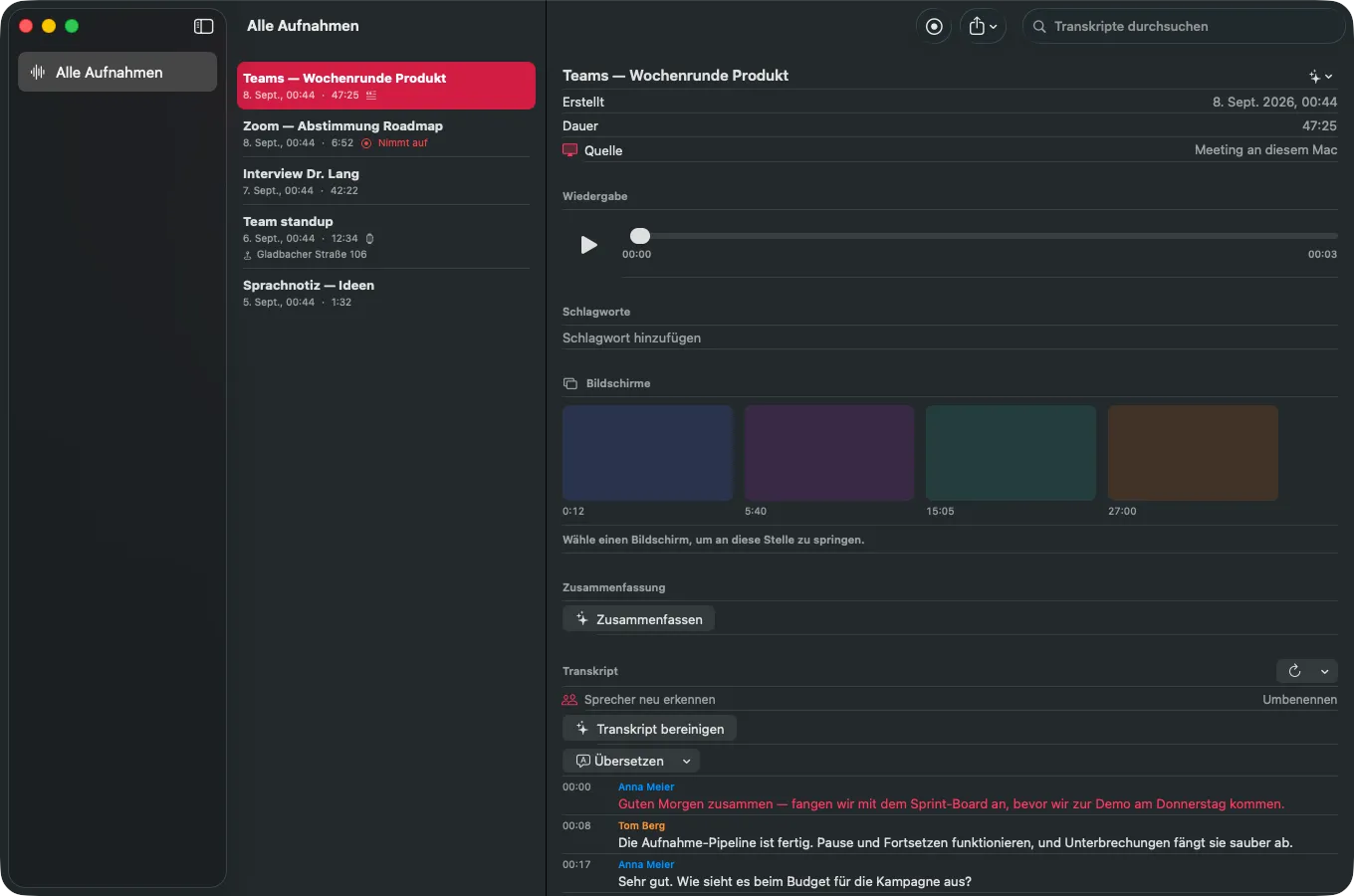 Nova Record auf dem Mac: links die Liste der Aufnahmen mit einem laufenden Mitschnitt, rechts das Transkript der Besprechung mit Sprechernamen, Standbildern und der Schaltfläche zum Zusammenfassen.